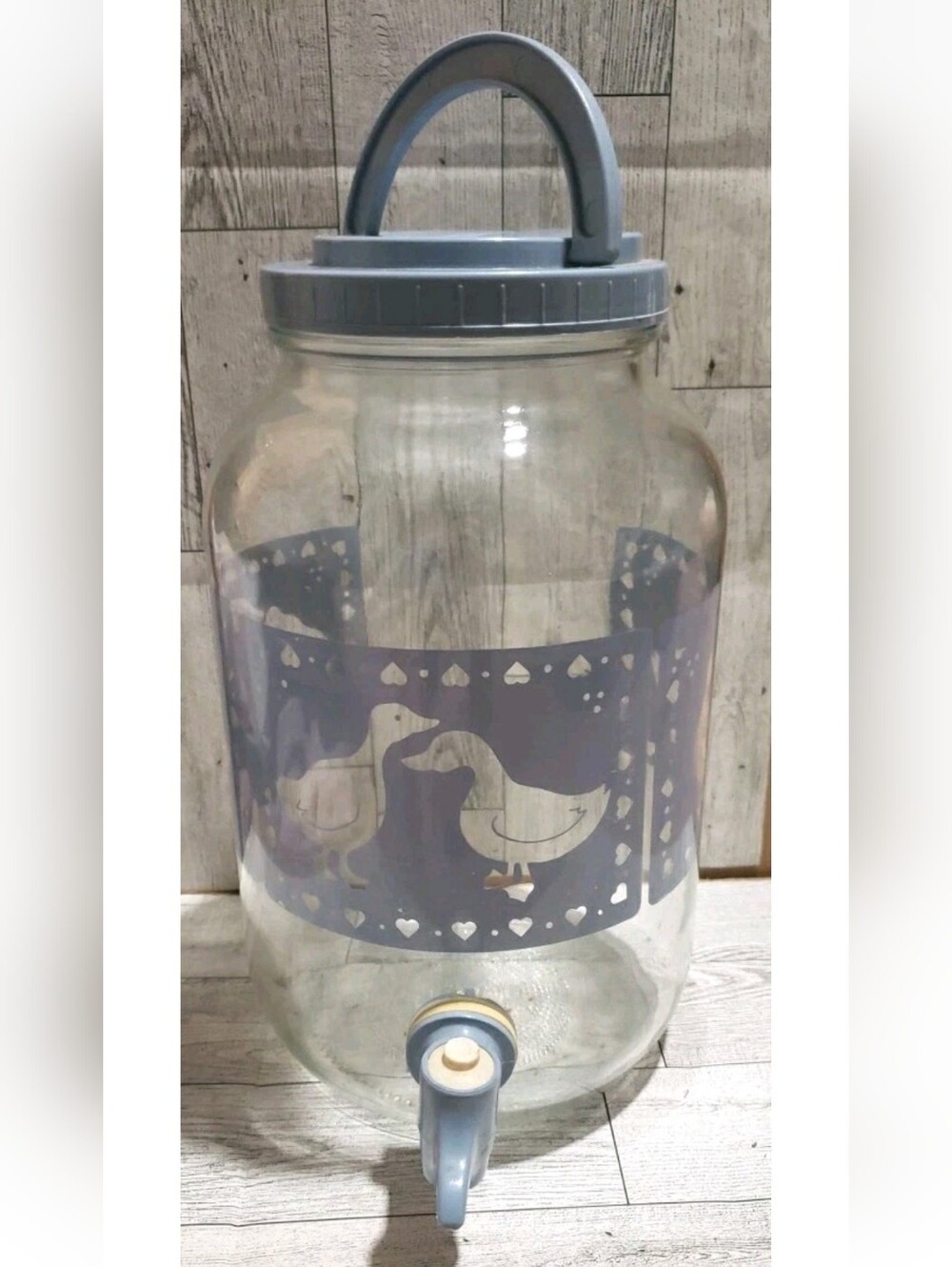 Vtg Goose Blue Beverage Dispenser Hearts 1 Gallon Push Spout Glass AGC